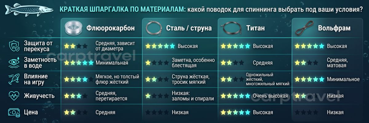 Четыре основных материала для спиннинговых поводков: внешне похожи, в работе ведут себя совсем по-разному.