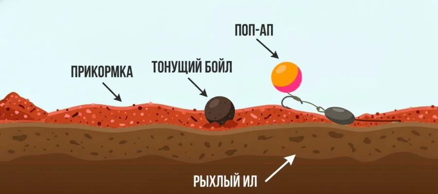 Схема расположения прикормки, тонущих бойлов и поп-апов на дне водоема